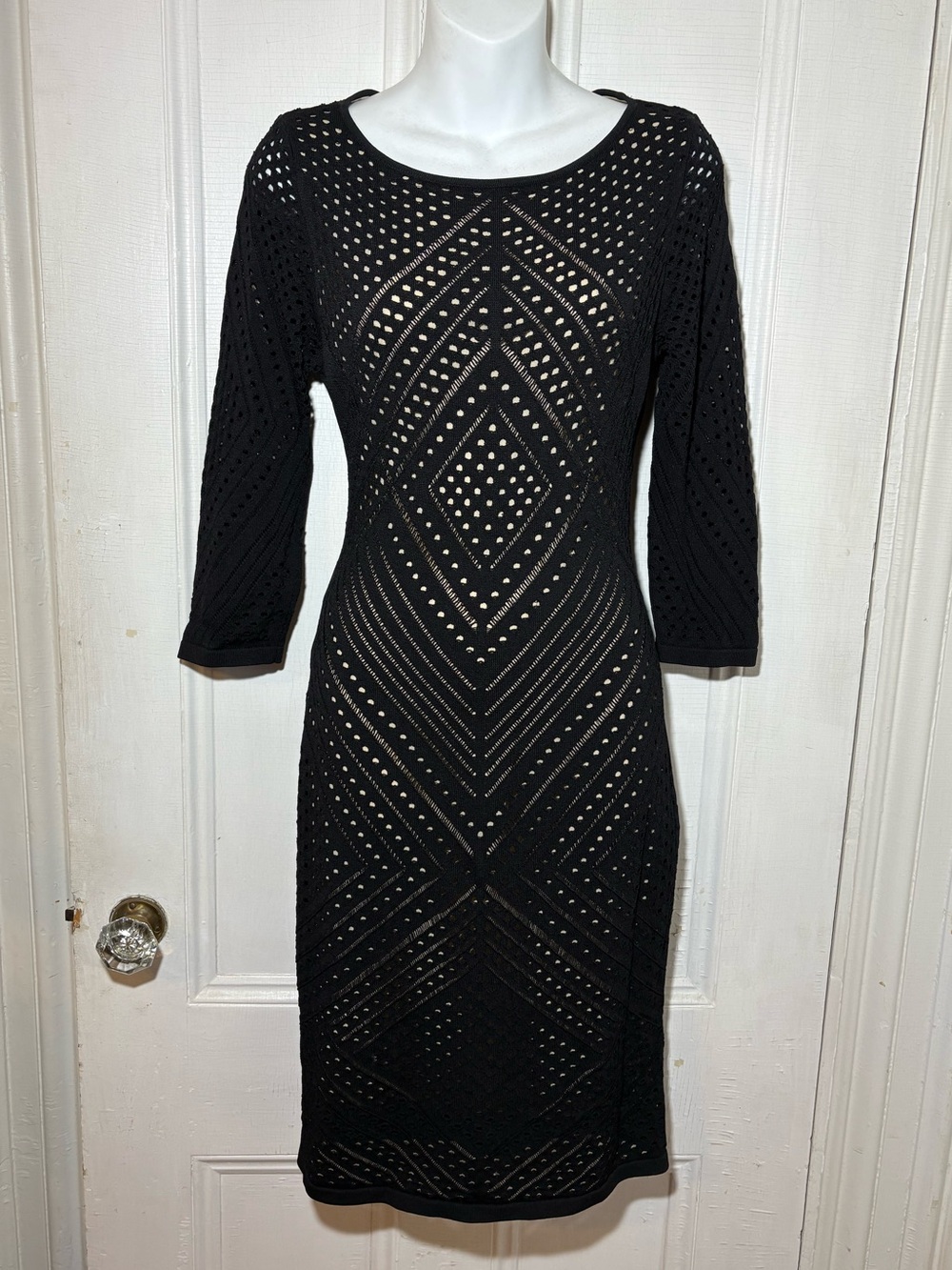 90s look Calvin Klein Black graphic stretch geometric lace cocktail dress medium